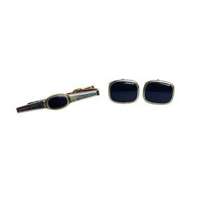 Vintage Anson Gold Tone And Black Lucite Tie Bar With Cufflinks Set (6055)